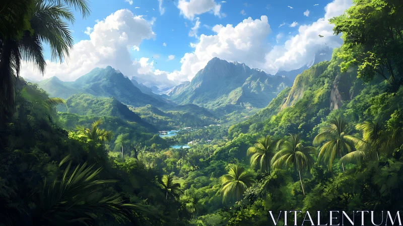 Tropical Mountain Valley with Dense Jungle Canopy and Terraced Terrain
