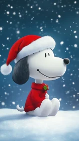 Snowy pup in Santa sweater cradling quiet holiday magic.