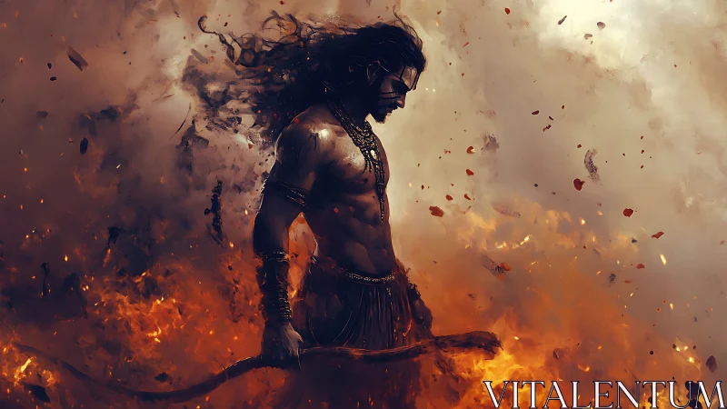 Mythic warrior in pyroclastic storm with dynamic motion vectors.