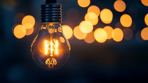 Incandescent bulb filament glows sharply against defocused bokeh orbs
