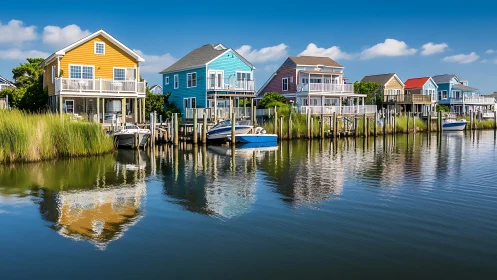Color coastal houses and small boats reflect on calm canal water