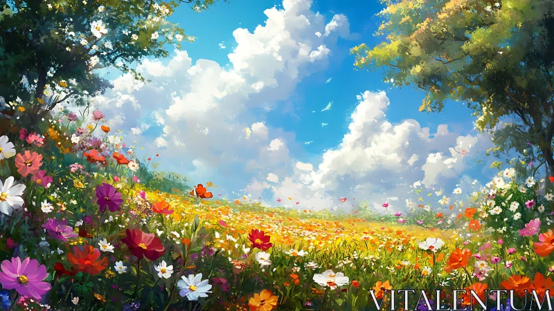 Sunlit wildflower meadow stretches under vibrant summer sky