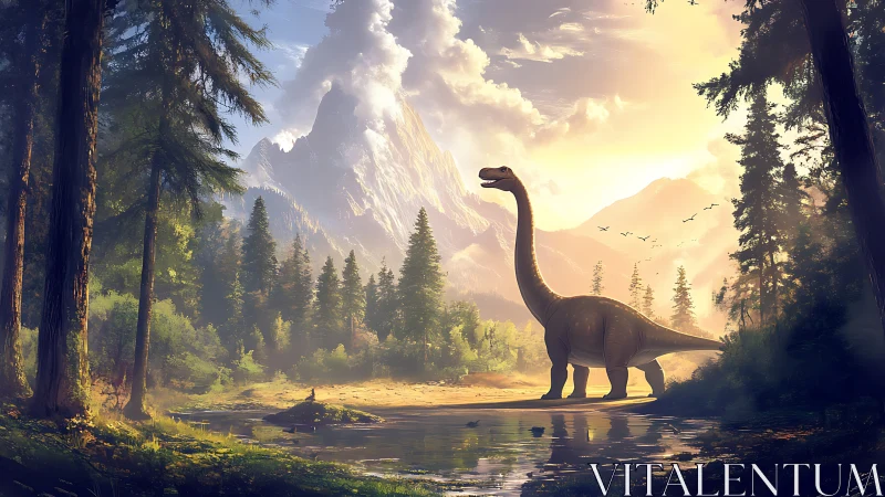 Gentle sauropod wandering through dawn-lit primeval valley.