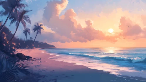 Tropical shoreline glows under pastel sunset sky over waves