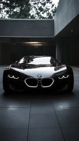 BMW concept supercar stands in a sleek modern courtyard.