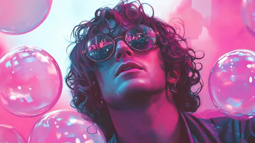 Neon-lit portrait renders reflective eyewear in vaporwave hues