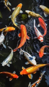 Colorful koi carp glide through dark, rippling pond water.