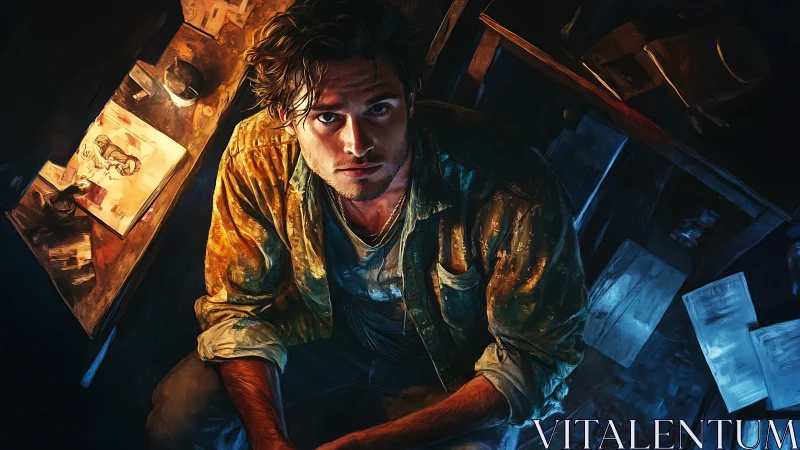 Brooding artist under split light studies worn sketches.