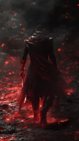 Dark warrior walking through glowing lava field at night.
