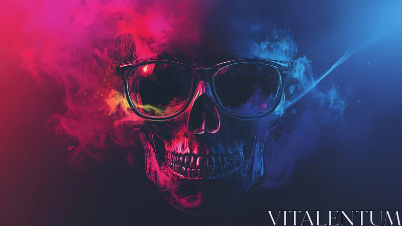 Neon-lit skull in sunglasses amid split red blue smoke.