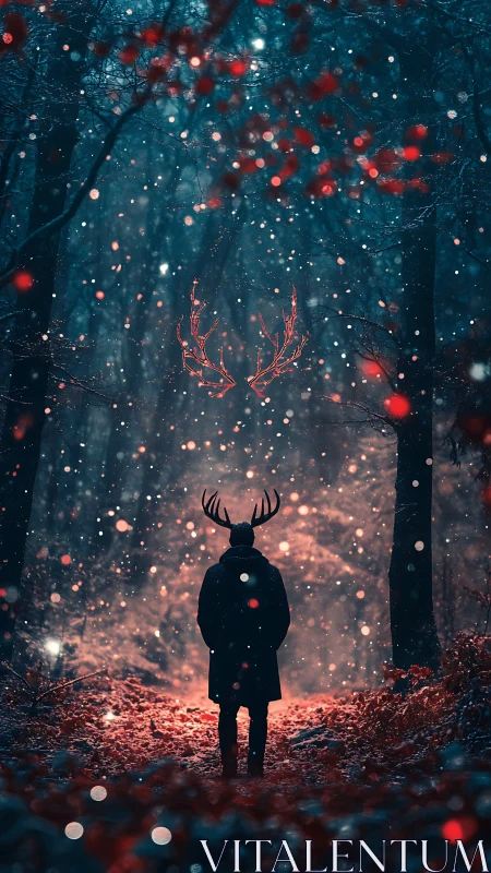 Antlered wanderer in ember-lit snow forest dreaming.