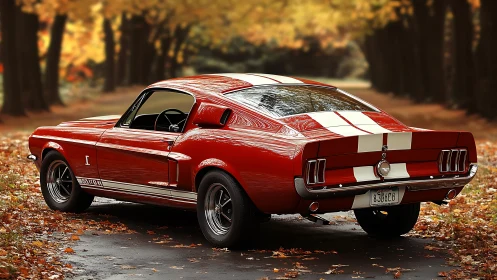 Classic red fastback muscle car under autumn canopy.