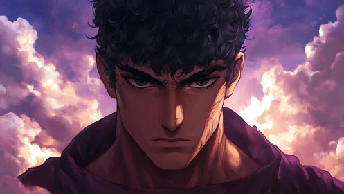 Intense anime portrait contrasts hard shadows with soft clouds