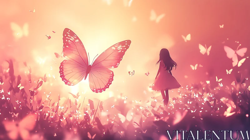 Backlit girl observing luminous butterfly swarm at sunset