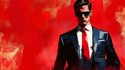Stylish suited man in sunglasses against vivid red field.