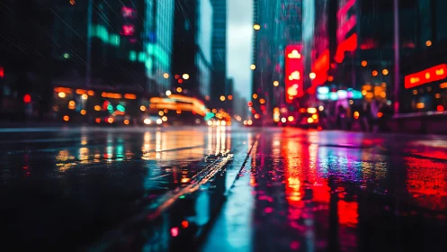 Wet urban street surface reflects defocused city light sources