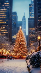 City skyscrapers kneel as a glowing Christmas tree crowns winter