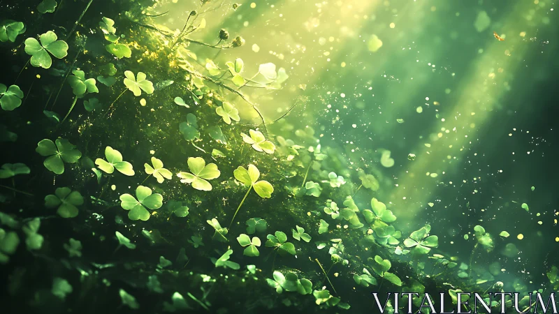 Sunlit clover glade where tiny forest wishes sparkle.