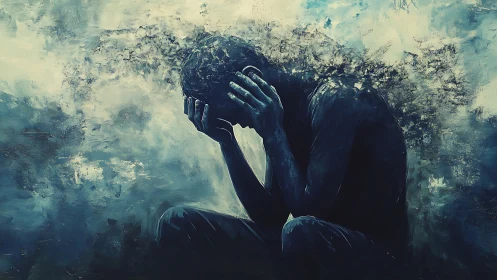 Gentle reflection in a storm of swirling blue emotions.