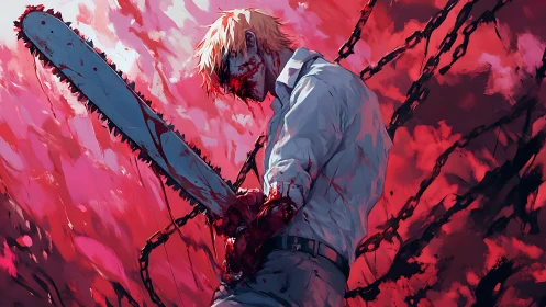 Chainsaw boy carves through a storm of feral crimson clouds