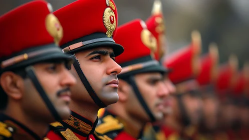 Military honor guard in red ceremonial dress, shallow depth-of-field