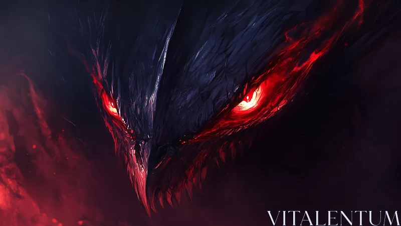 Brooding fiery-eyed dragon spirit emerging from dark smoke.