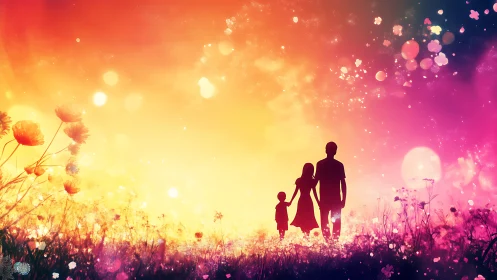 Silhouetted family figures in flower field with gradient lighting