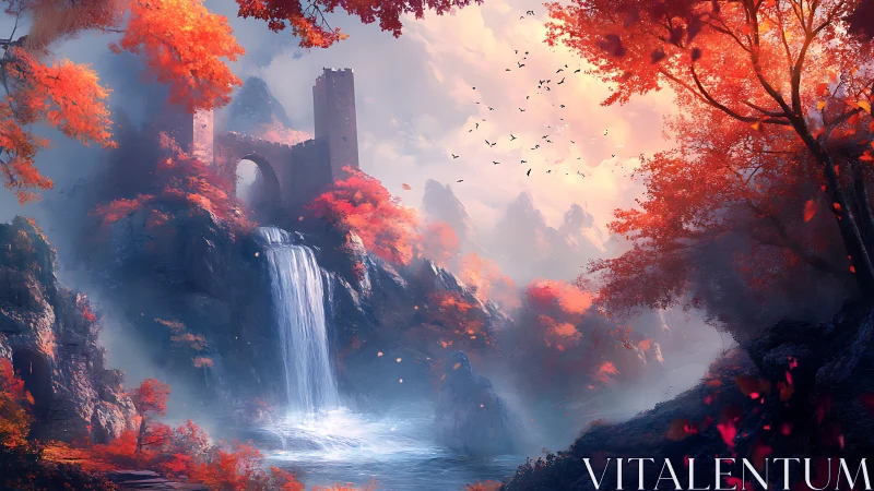 Mist-veiled waterfall below autumn ruins at sunrise.
