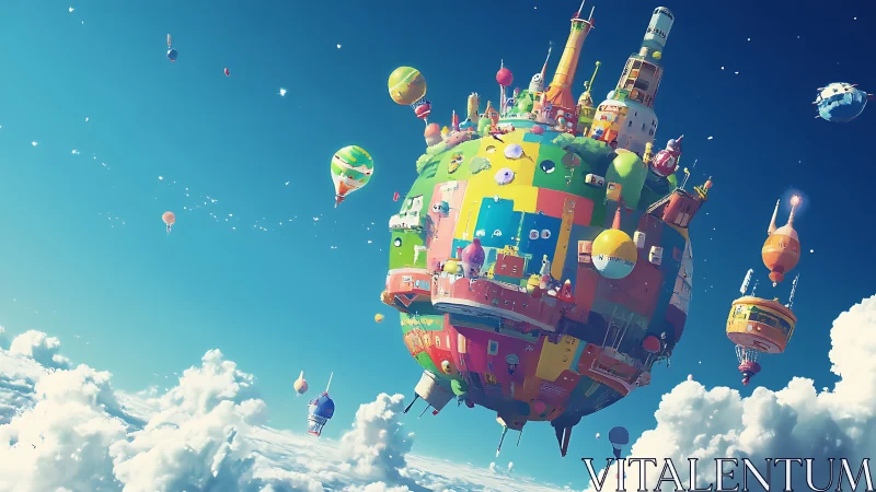 Floating spherical cityscape amid clouds and sky.