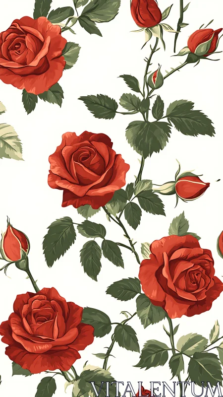 Red Roses and Buds on White Background