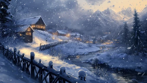 Snowy mountain village with river and warm cabin lights.
