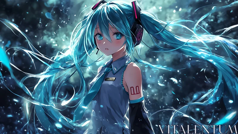 Cyber idol with flowing teal hair in glowing storm.