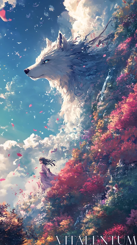 Giant spectral wolf emerges from clouds above hillside girl