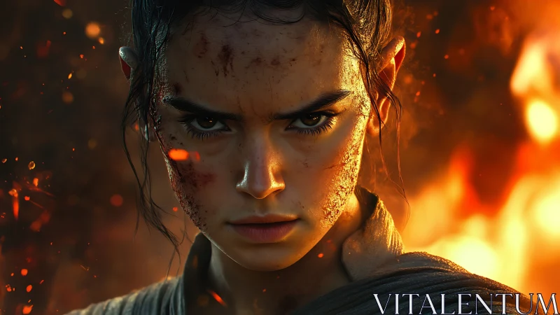 Fierce young warrior holding her ground in swirling fire.