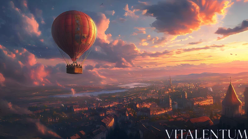 Hot air balloon over expansive city at sunset sky panorama.