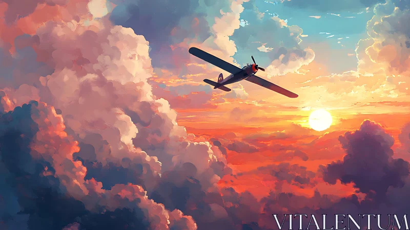 Single propeller plane crosses dense clouds at sunset sky