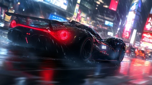 Sleek black supercar on wet neon city street at night.