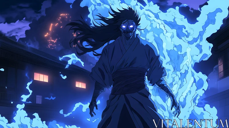 Humanoid figure with blue spectral flames in urban nightscape.