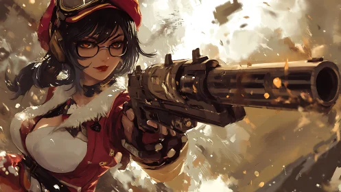 Dynamic close-range perspective shows armed woman in festive gear