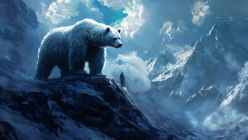 Colossal polar bear dominates glacial ridge above lone mountaineer