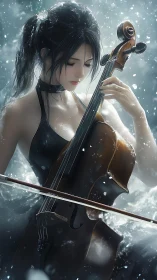 Focused cellist playing in snowlit water scene.