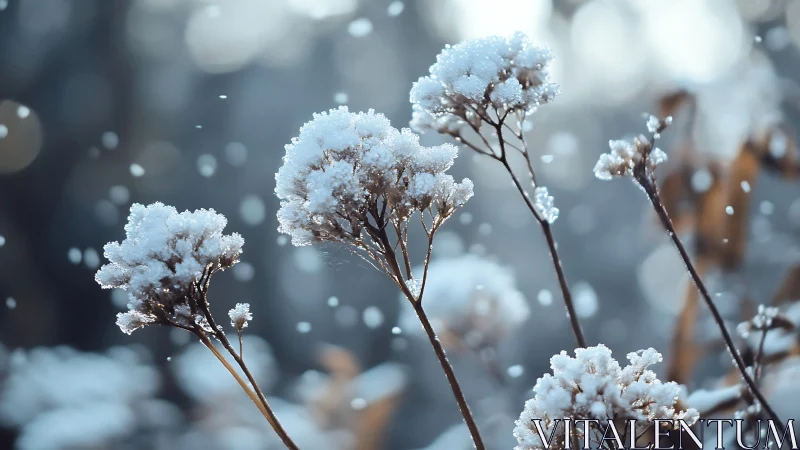 Frost-Covered Plants in Winter Snowfall.