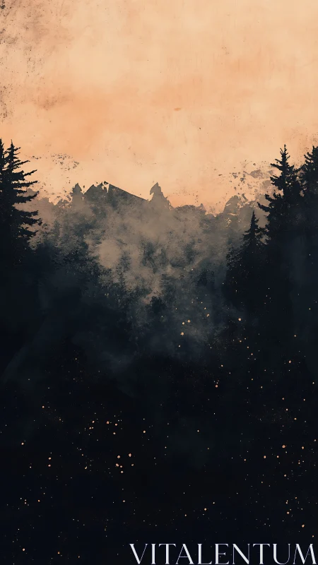 Forest silhouette rises beneath textured orange sky at dusk