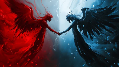 Twin seraphs of flame and frost clasp in stormlit truce.