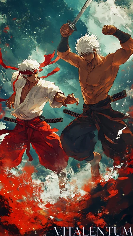 Twin white haired samurai leap through swirling red waves