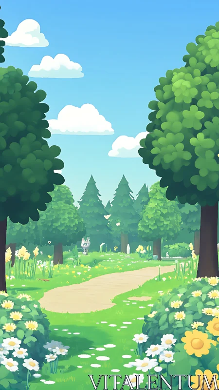 Luminous forest pathway rendered in digital illustration with chromatic depth.