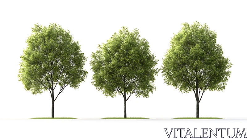 Three symmetrically spaced green trees on pure white ground.
