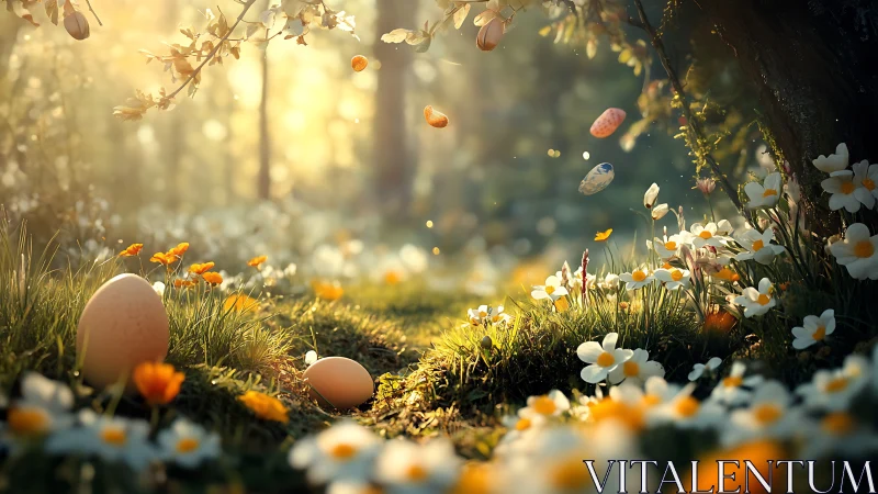 Sunlit spring meadow with Easter eggs and petals drifting