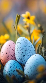 Speckled spring eggs nestled in dreamy golden meadow light.