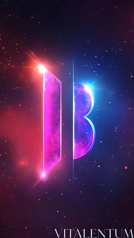 Neon letter B with split glow in star field background.
